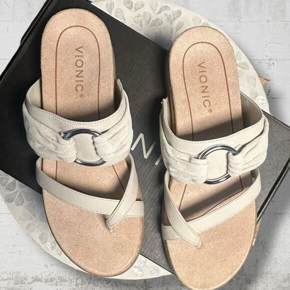 Vionic Landyn Leather Supportive Slide Sandals Cork Orthotic Comfort Women 8 NIB - Picture 8 of 14